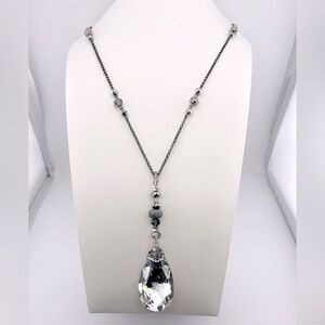 Stunning Silver and Black Toned Teardrop With XL Crystal Pendant Necklace